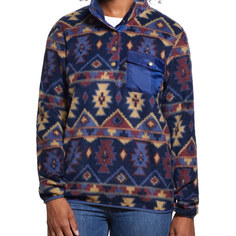 Weatherproof Vintage Southwest Printed Fleece Pullover Large Blue Pocket